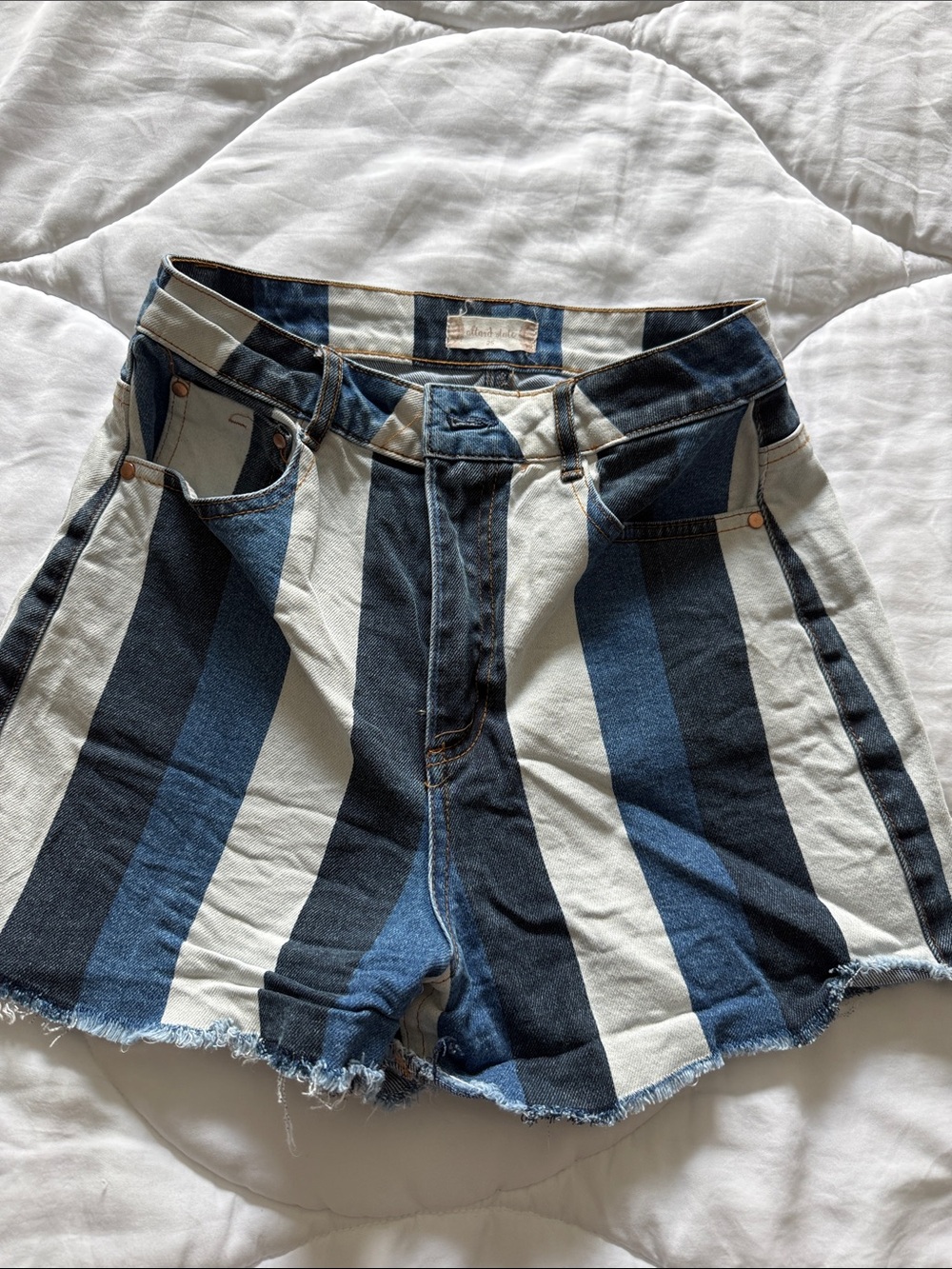 Alter’d State Striped High-Waist Women’s Denim Shorts in Blue and White (M)